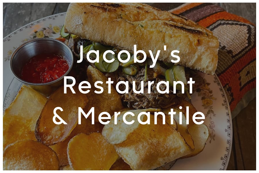 <span>Jacoby's Restaurant & Mercantile<br><br>3235 E Cesar Chavez St<br>Austin, TX 78702<br><br>(512) 366-5808</span>