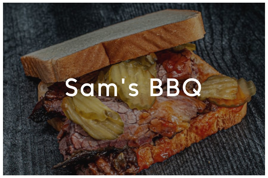 <span>Sam's BBQ<br><br>2000 E 12th Street<br>Austin, TX 78702<br><br>(512) 478-0378</span>